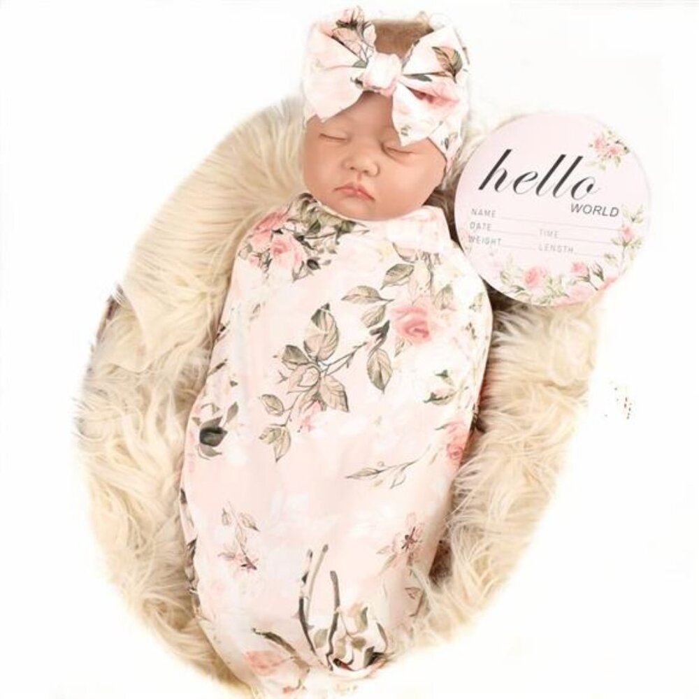 Newborn Receiving Blanket Baby Girl Swaddle Blanket Headband Set Flower Print